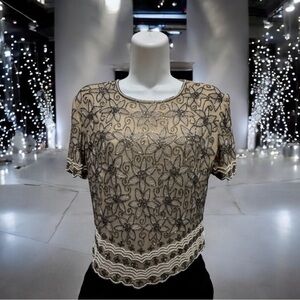 Adrianna Papell Cream Floral Embroidered beaded silk Blouse top size 8
